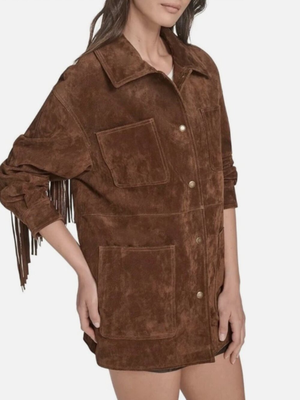 Levi’s Women’s Faux Suede Fringe Chore Coat Brown Snap Front Jacket - Picture 2 of 3